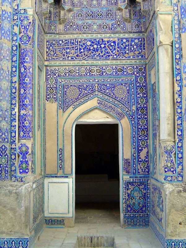 The tomb of Shirin Beg Aqa, a sister of Tamerlane 1385-6. Unlike the plate-like glazed tiles of Shad-e Mulk, this mausoleum is decorated wit