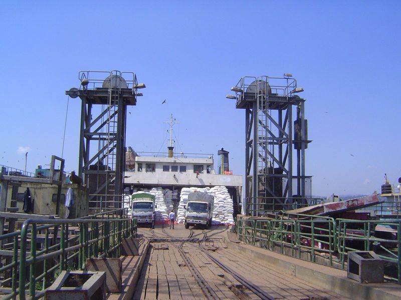 This, too, is a rail ferry in theory, but trucks in fact back onto the deck and are manually unloaded. Look back at the previous picture and