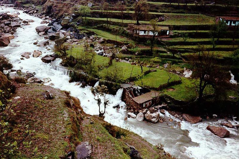 A mill near Miandam, on the east slope of the Shangla Pass. At high water, two escapes were open, yet water was overflowing the channel bank