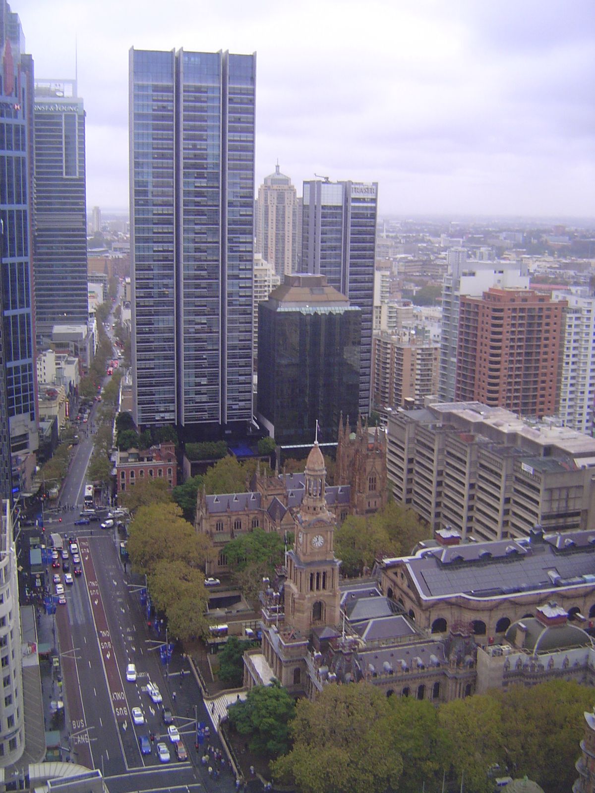 The Town Hall is shown here with the adjacent St. Andrew's Cathedral and, rising to the heavens, Lumière, a residential high rise designed b