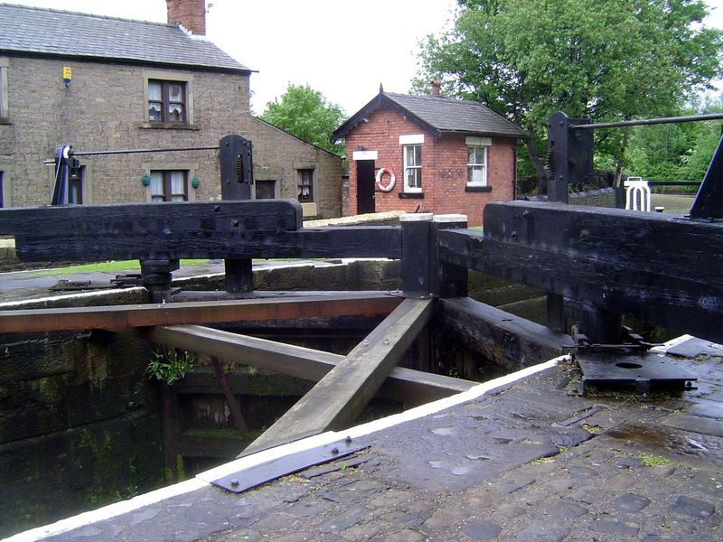 Heavy reinforcing timbers protect the lock gates.