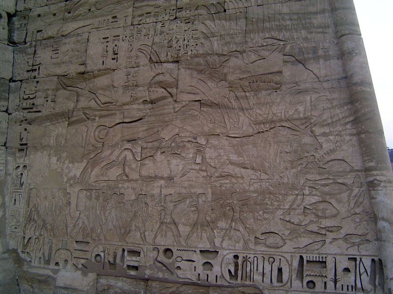 A famous picture here shows a royal hunt, with pharoah in his chariot killing bulls in the marsh. Fish and birds in lower right suggest the 
