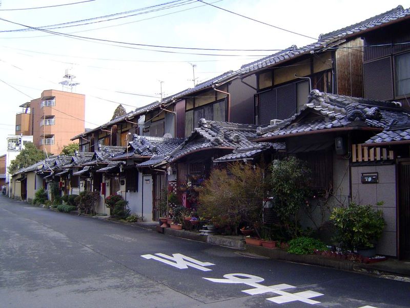 A line of newish homes, identical, tightly packed, and almost absurd in their traditional dress.