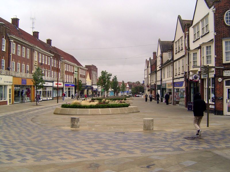 The main shopping street, pedestrianized but too wide to be comfortable.