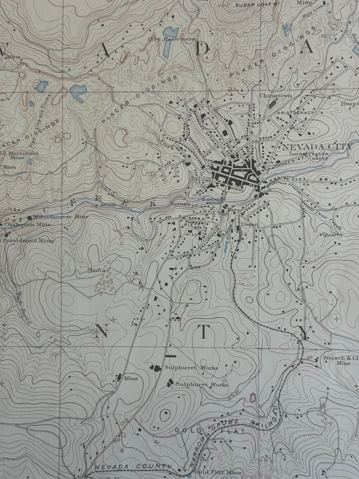 You can see the railroad coming in from Grass Valley and stopping a bit short of Nevada City, which lies on the other side of a creek and ha