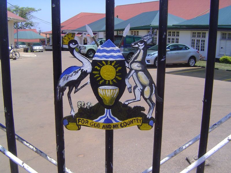 There are lots of government buildings nearby. The coat-of-arms bears a crested crane and a Ugandan kob on either side of the Great Lakes Vi