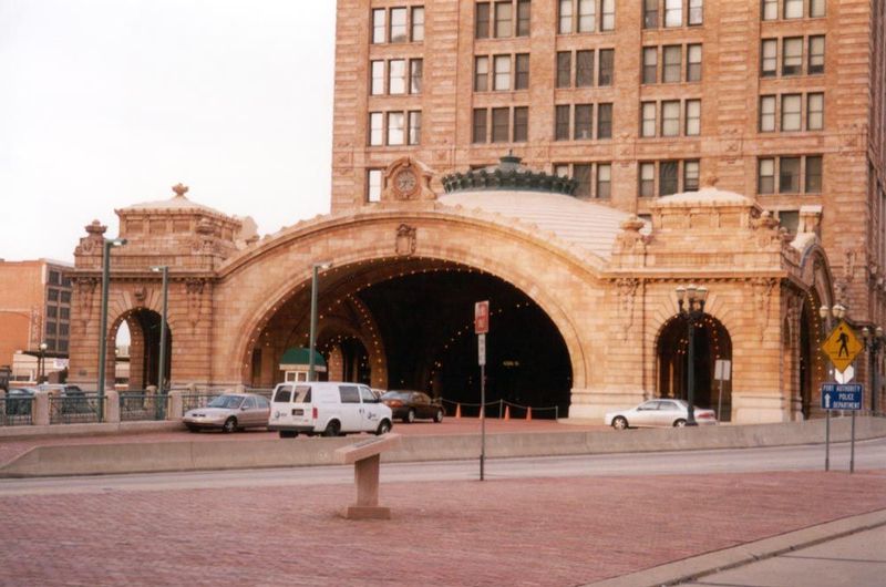 Better to arrive by train. Here, almost a mile to the east of the last picture, is the entrance to the old Pennsylvania Railroad station. It