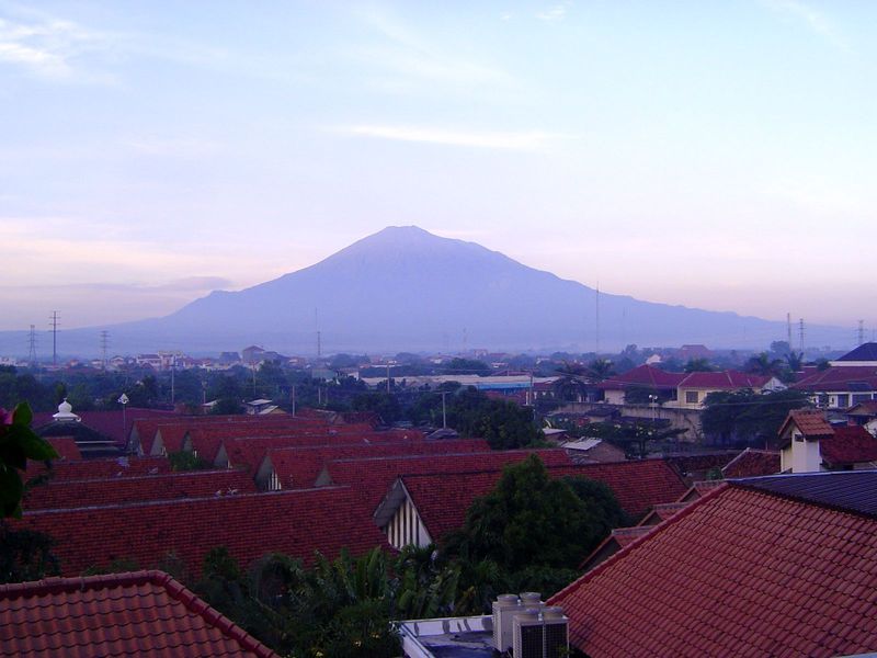 Early in the morning, Mt. Ciremai lies apparently tranquil. At just over 10,000 feet, it's the highest mountain in West Java.