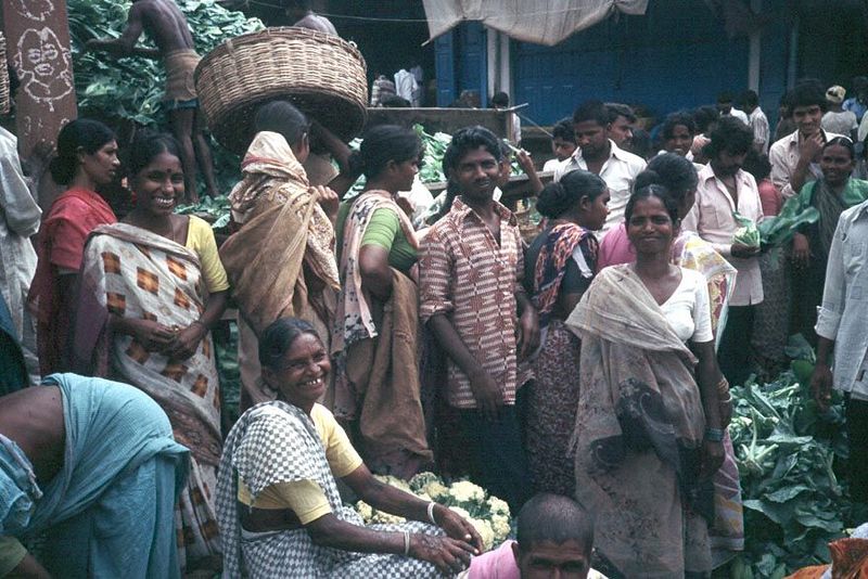 Vegetable market in Secunderabad. Camera-shyness is unknown, with the exception of Muslim women.