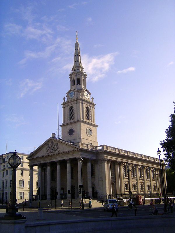 Two miles and one bend of the Thames to the west, St. Martin-in-the Fields, at the northeast corner of Trafalgar Square, was completed three